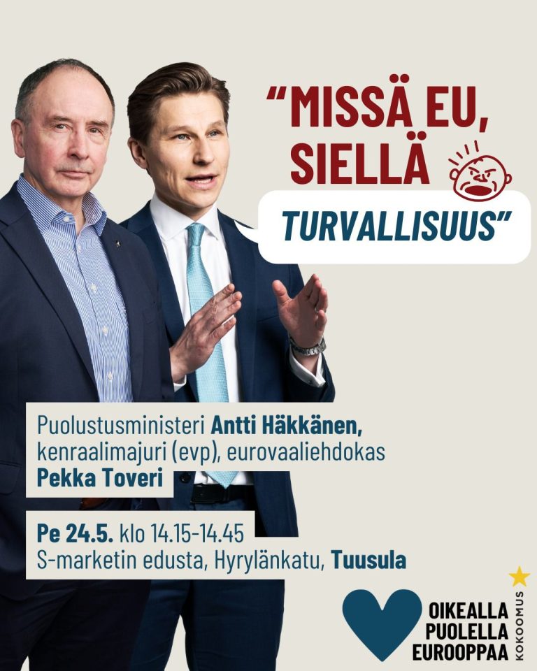 Puolustusministeri Antti Häkkänen ja eurovaaliehdokas Pekka Toveri Tuusulassa 24.5.2024